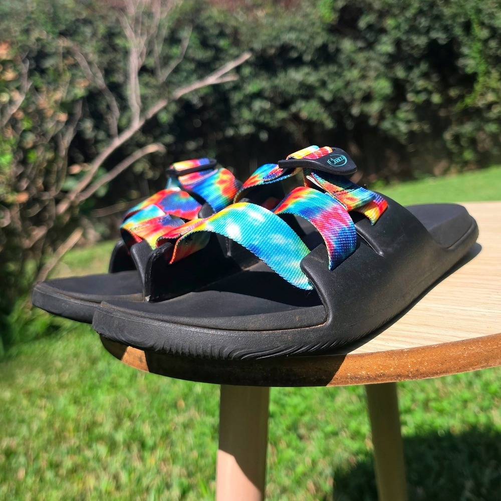 Chaco Chillos Slide Sandals Black Tie Dye Rainbow Straps Mens 10 Womens 11